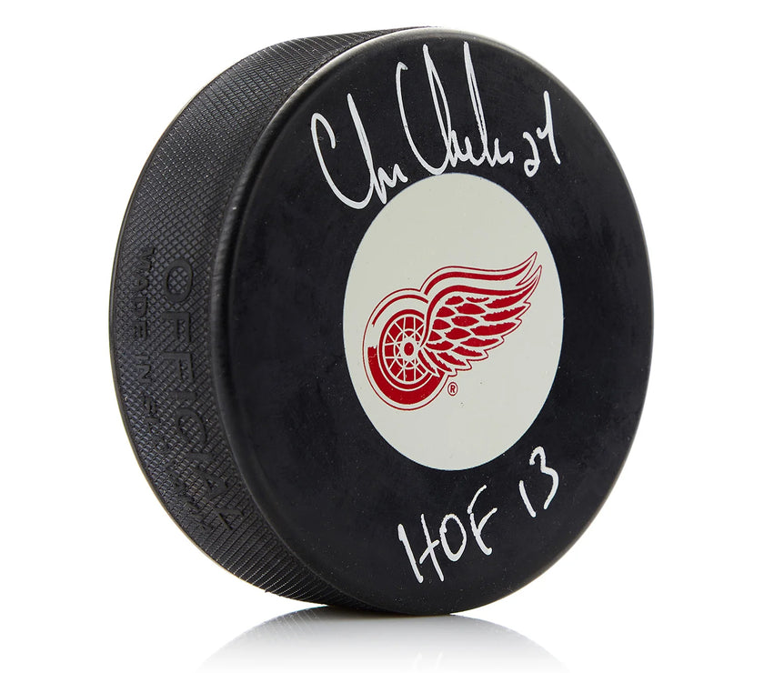 Chris Chelios Signed Detroit Red Wings Puck with HOF NOTE