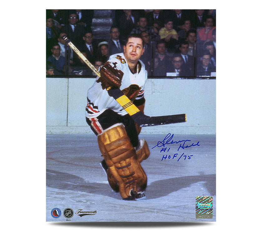 Glenn Hall Signed Chicago Blackhawks Puck In Air 8X10 Photo With HOF Note