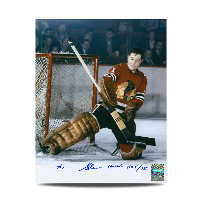 Glenn Hall Signed Chicago Blackhawks Hockey Goalie 8X10 Photo With HOF Note