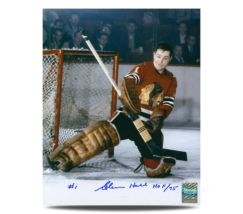 Glenn Hall Signed Chicago Blackhawks Hockey Goalie 8X10 Photo With HOF Note