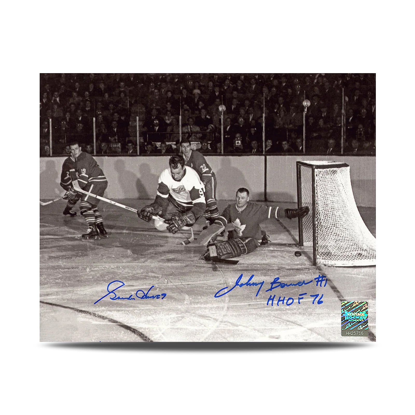 Gordie Howe & Johnny Bower Dual Signed Original Six Legends 8X10 Photo