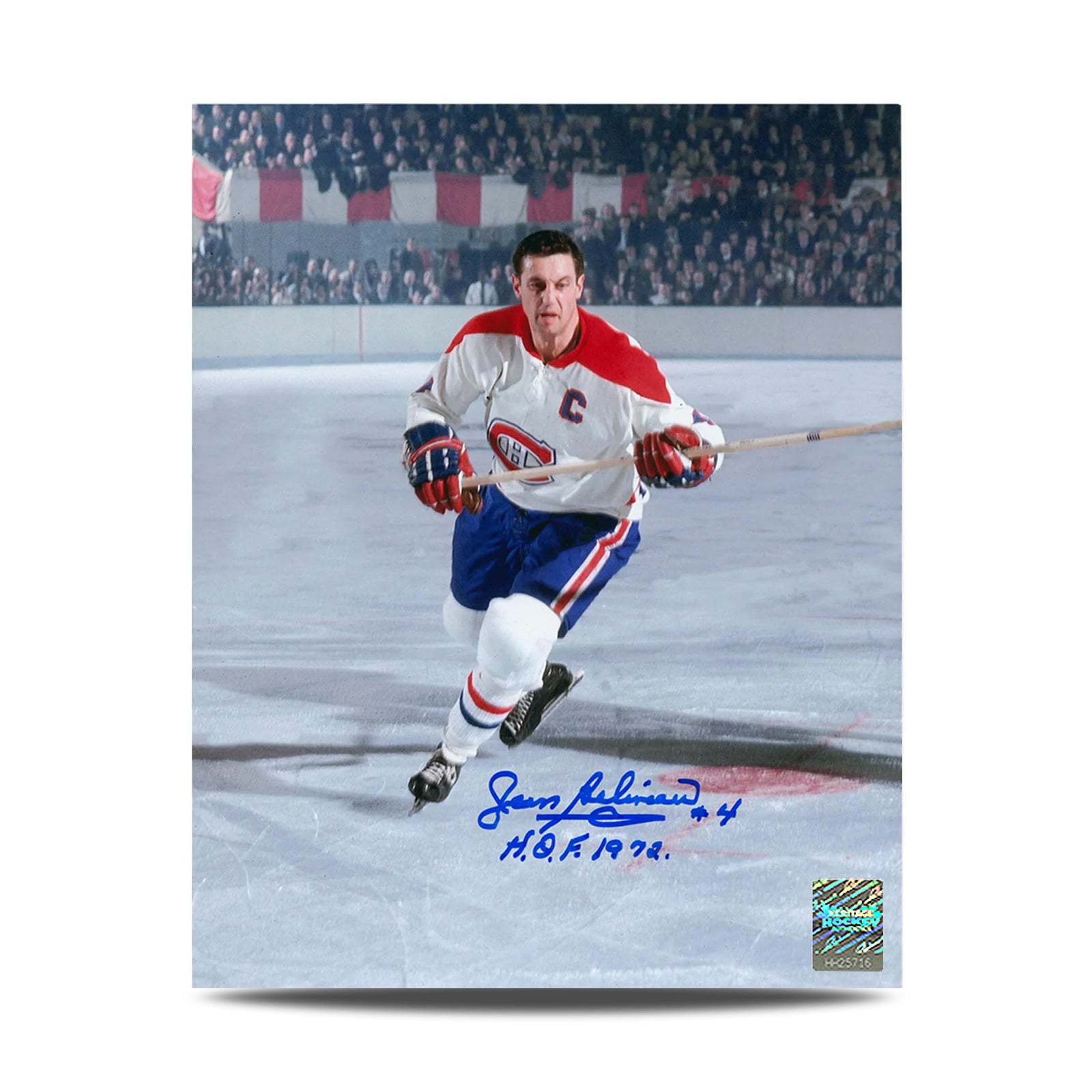 Jean Beliveau Signed Montreal Canadiens Captain Action 8X10 Photo with HOF Note - Heritage Hockey™