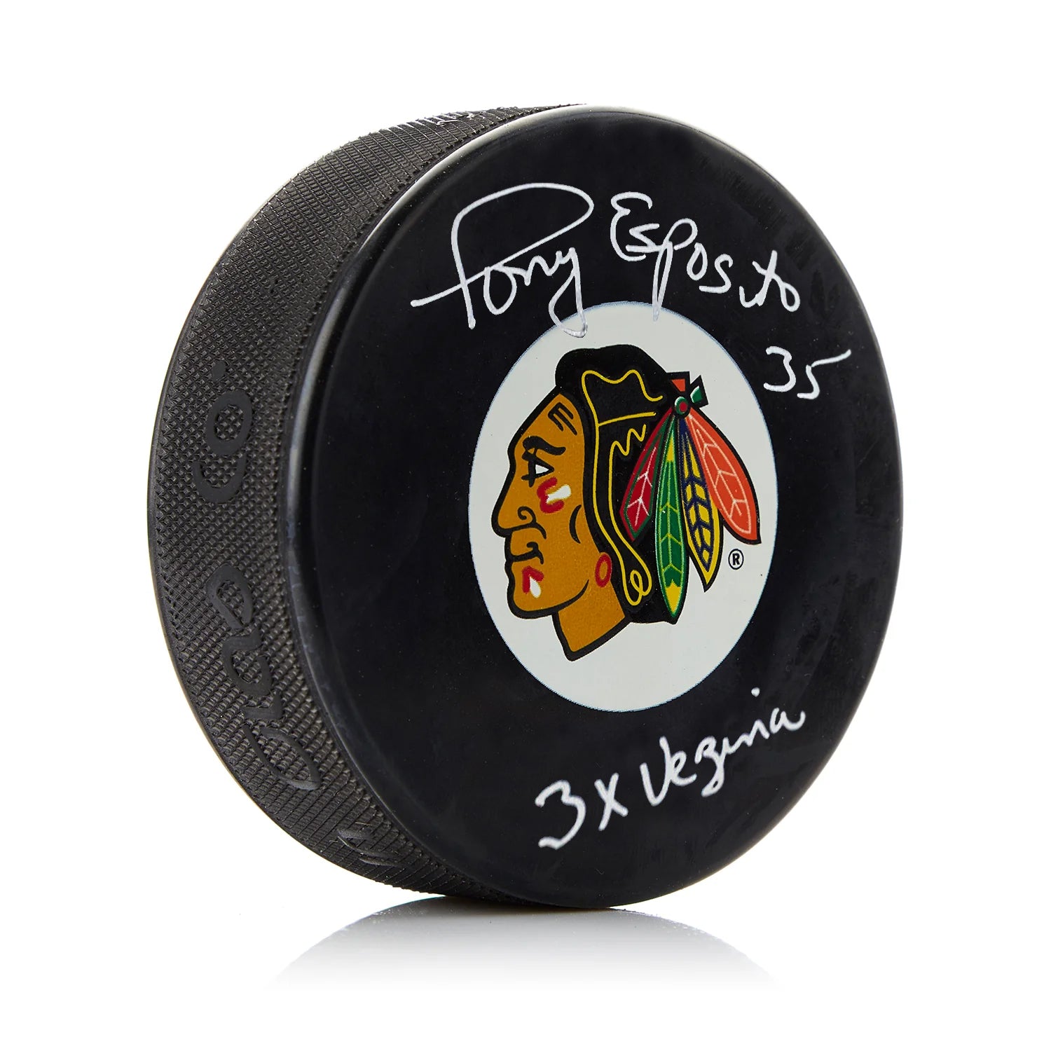 Tony Esposito Signed Chicago Blackhawks Puck with 3X Vezina Note