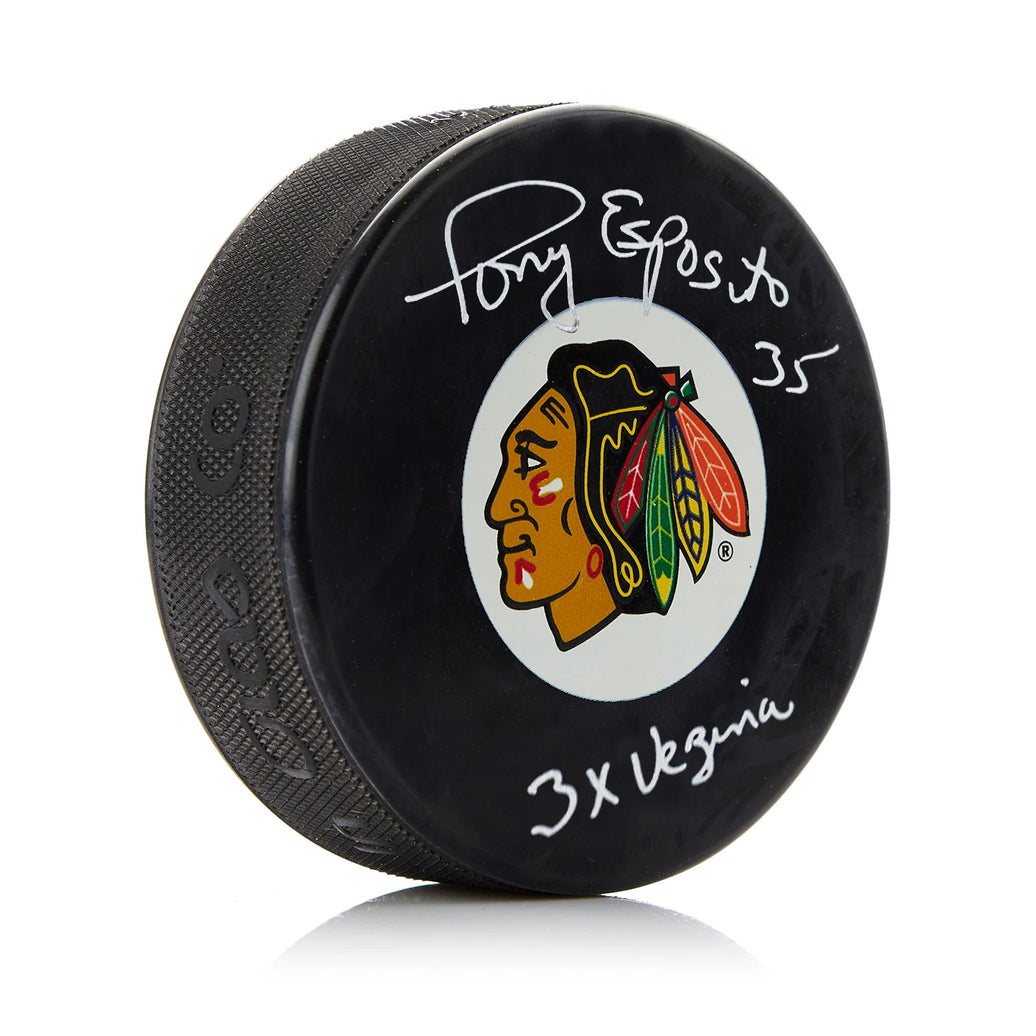 Tony Esposito Signed Chicago Blackhawks Puck with 3X Vezina Note