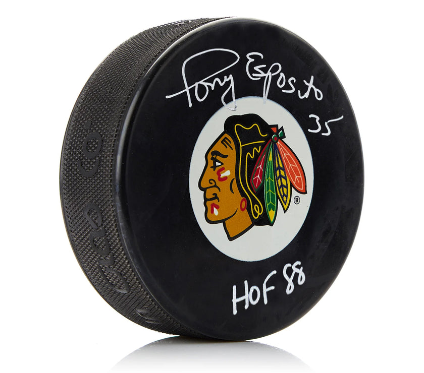 Tony Esposito Signed Chicago Blackhawks Puck with HOF Note