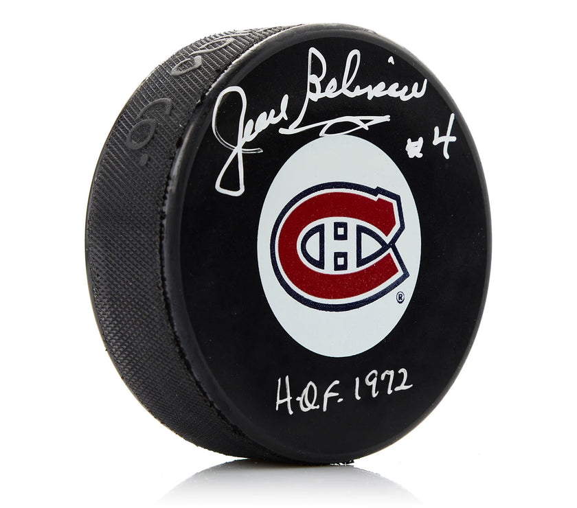 Jean Beliveau Signed Montreal Canadiens Puck with HOF 1972 Note - Heritage Hockey™