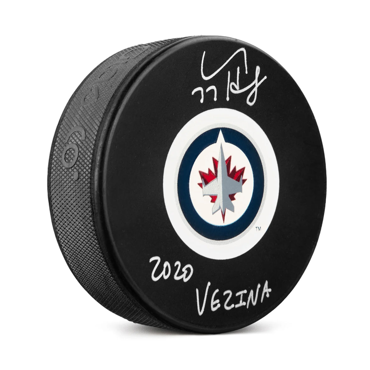 Connor Hellebuyck Signed Winnipeg Jets Puck with Vezina Note
