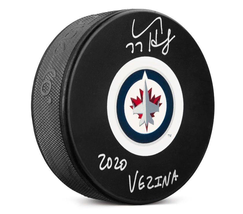 Connor Hellebuyck Signed Winnipeg Jets Puck with Vezina Note