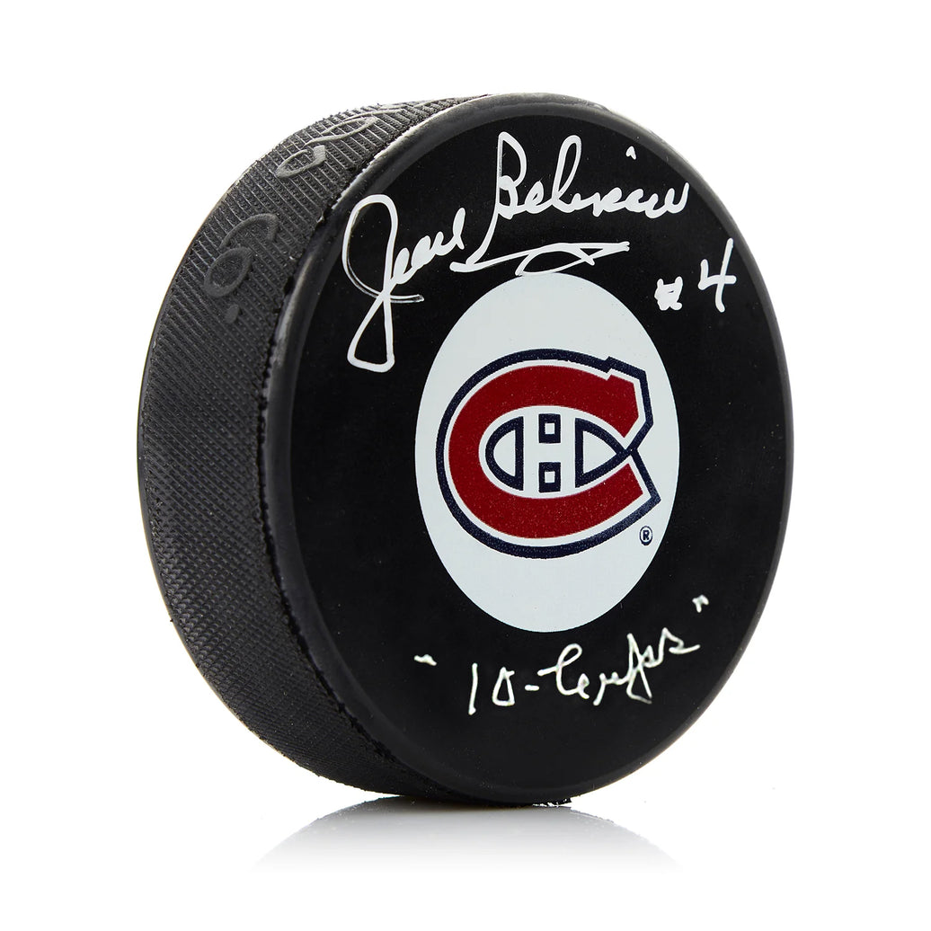 Jean Beliveau Signed Montreal Canadiens Puck with 10 Cups Note - Heritage Hockey™