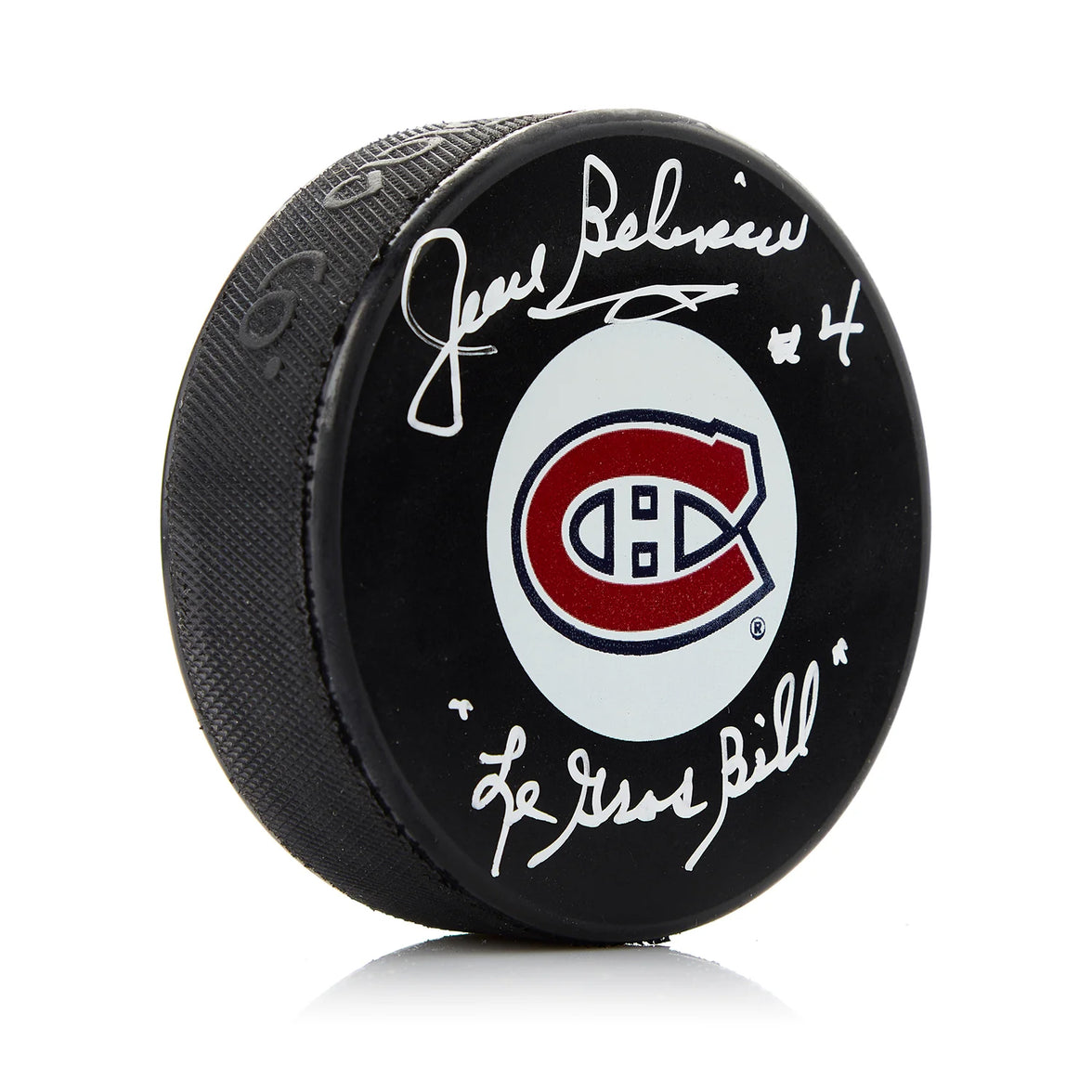 Jean Beliveau Signed Montreal Canadiens Puck with Le Gros Bill Note - Heritage Hockey™