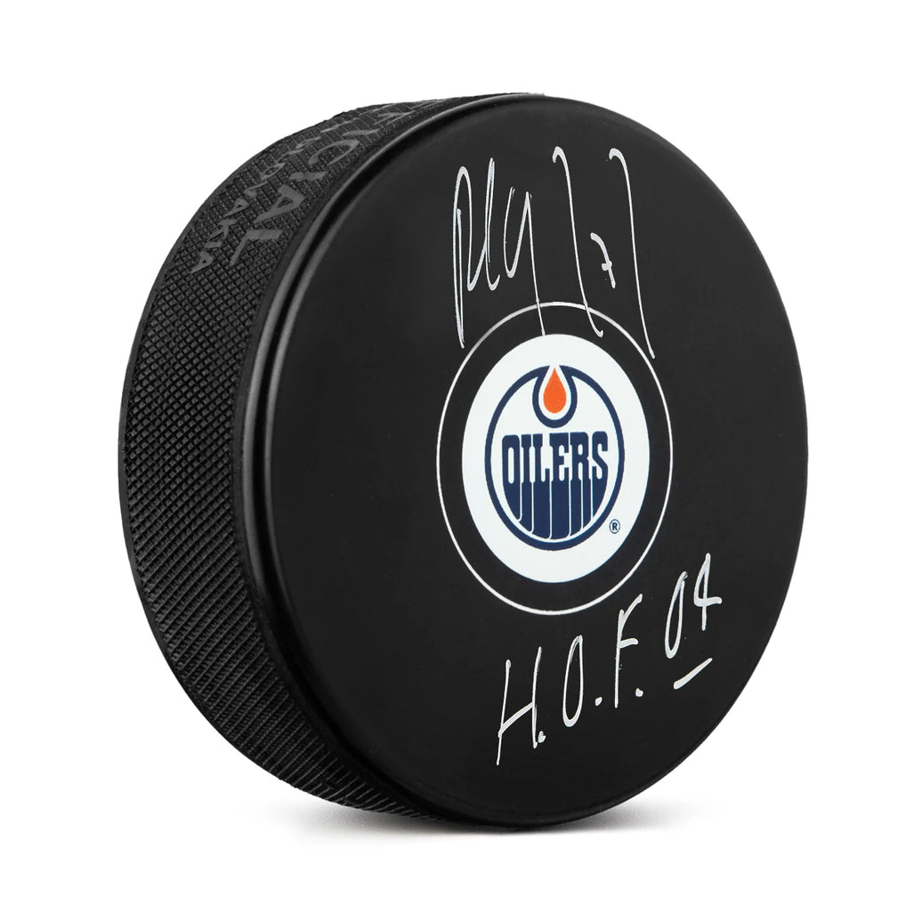 Paul Coffey Signed Edmonton Oilers Puck With HOF Note