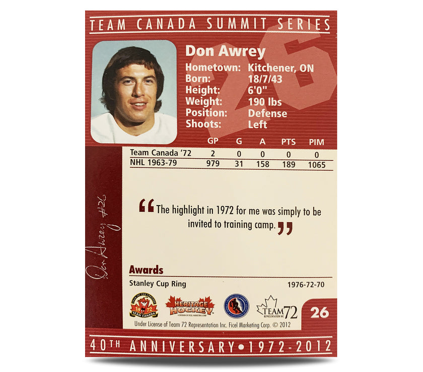 Don Awrey #26 Signed Official 40th Anniversary Team Canada 1972 Card