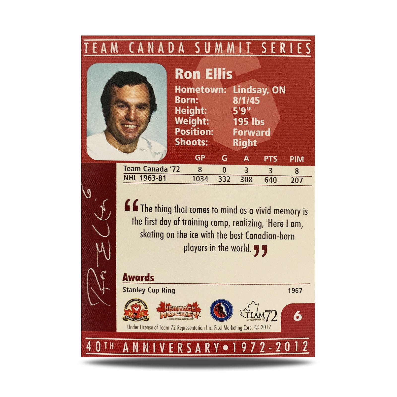 Ron Ellis #6 Signed Official 40th Anniversary Team Canada 1972 Card