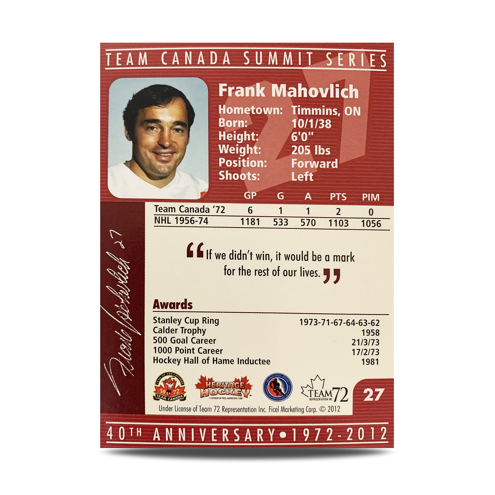 Frank Mahovlich #27 Signed Official 40th Anniversary Team Canada 1972 Card