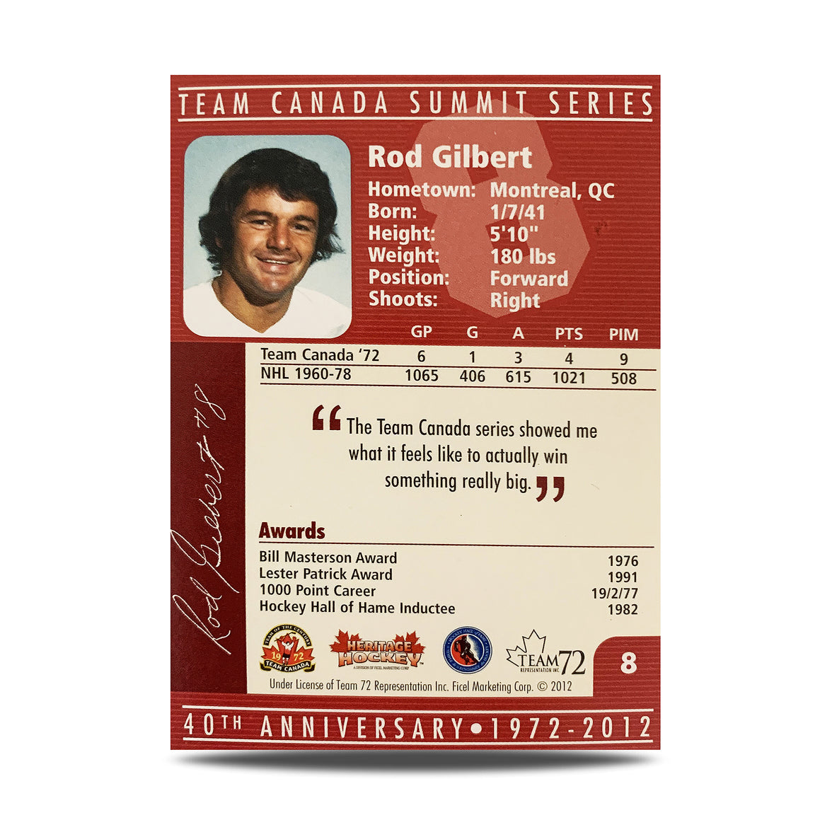 Rod Gilbert #8 Carte officielle signée du 40e anniversaire de l'équipe Canada 1972