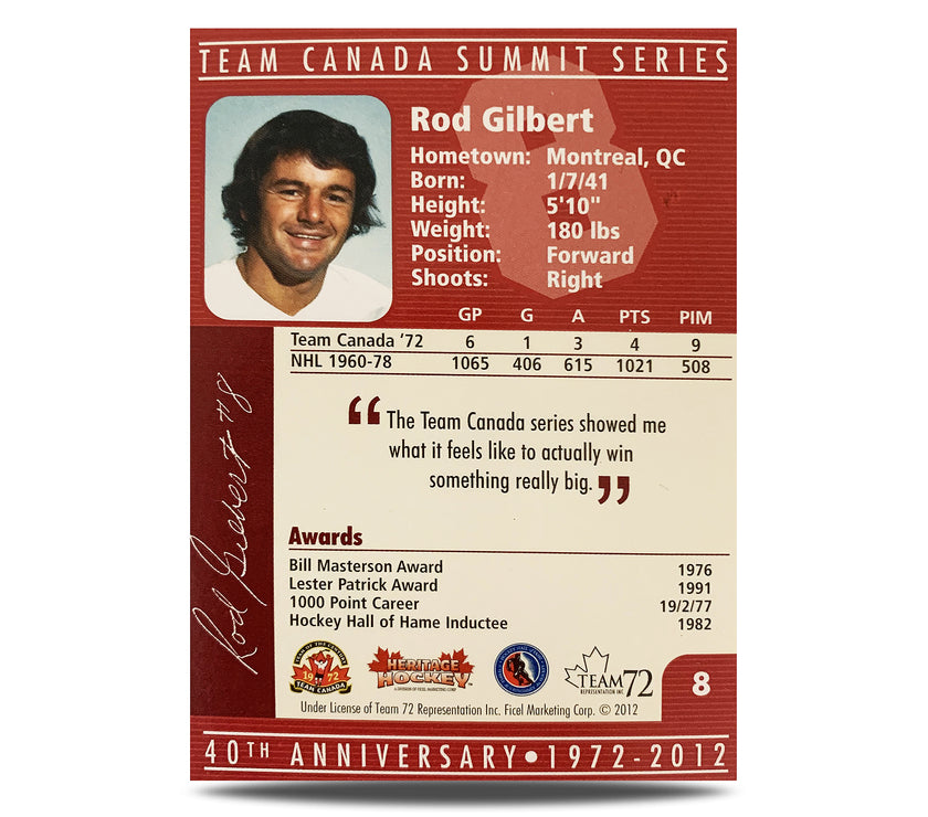 Rod Gilbert #8 Signed Official 40th Anniversary Team Canada 1972 Card