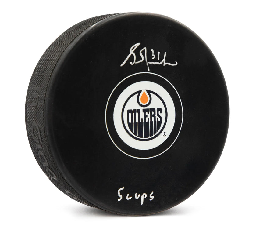 Grant Fuhr Signed Edmonton Oilers Puck with 5 Cups Note