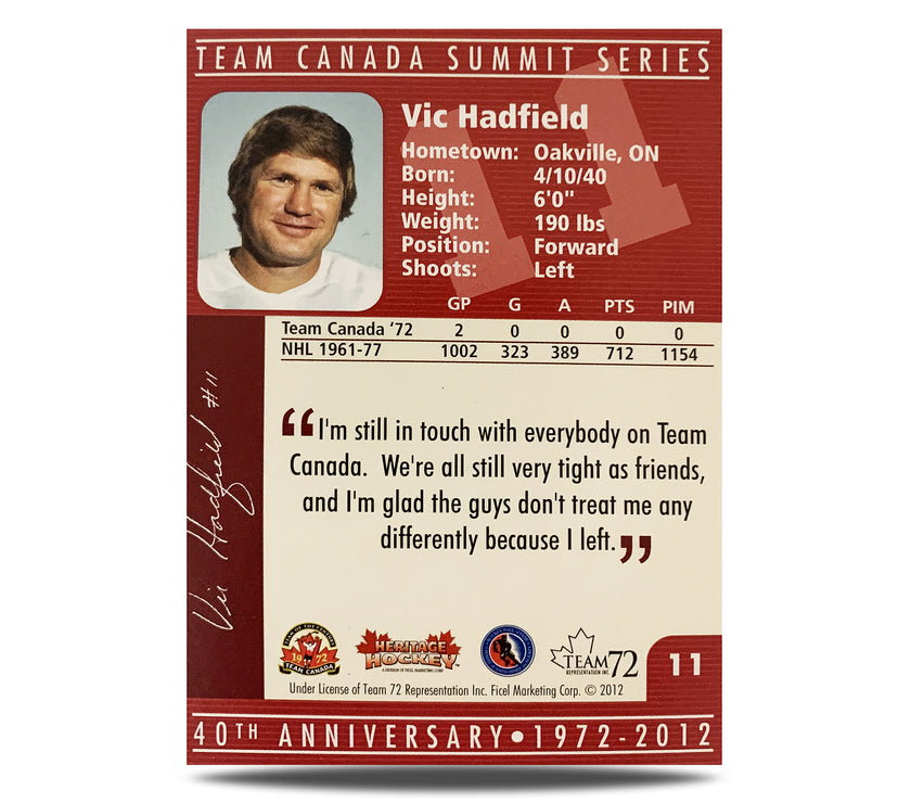 Vic Hadfield #11 Signed Official 40th Anniversary Team Canada 1972 Card