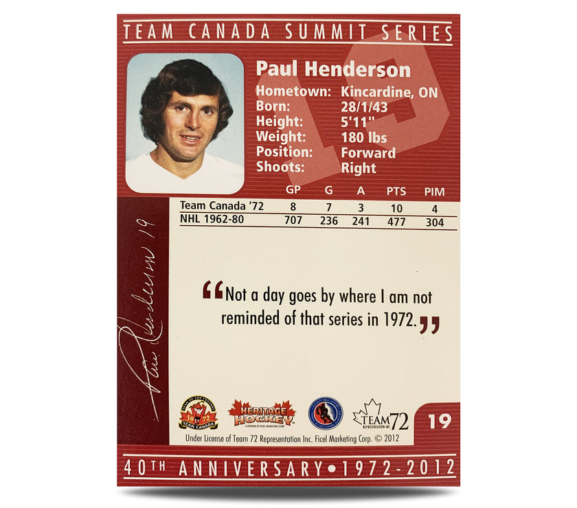Paul Henderson #19 Signed Official 40th Anniversary Team Canada 1972 Card