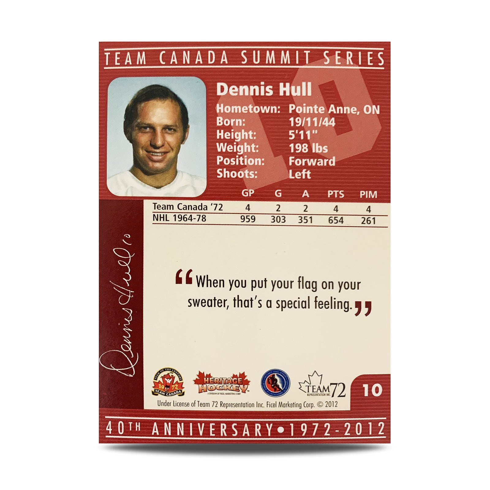 Dennis Hull #10 Signed Official 40th Anniversary Team Canada 1972 Card