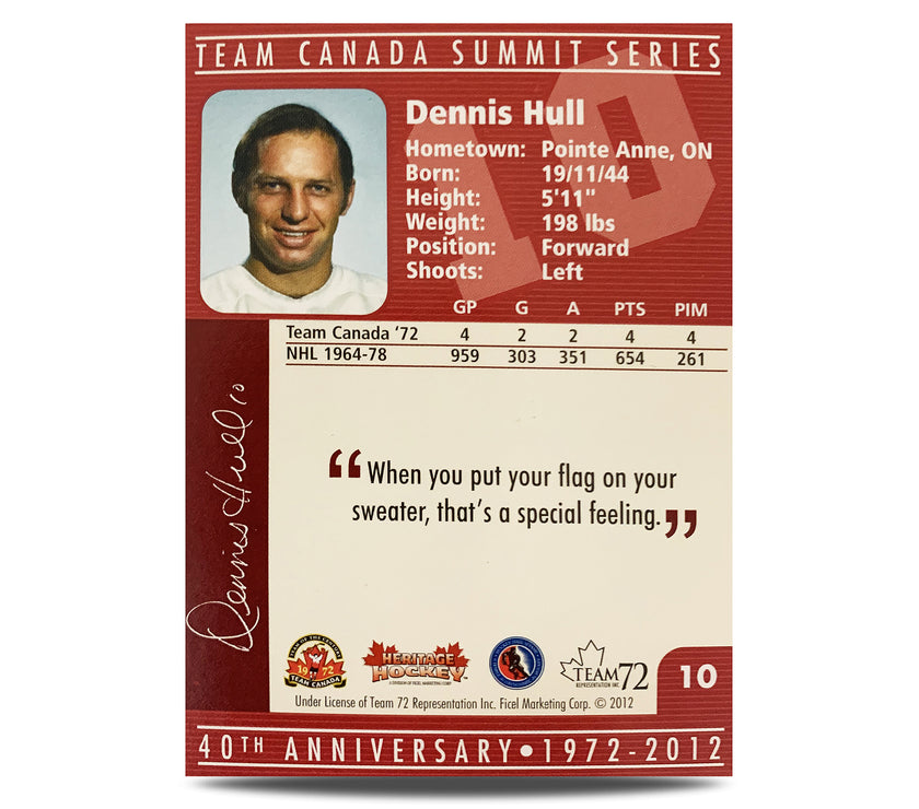 Dennis Hull #10 Signed Official 40th Anniversary Team Canada 1972 Card
