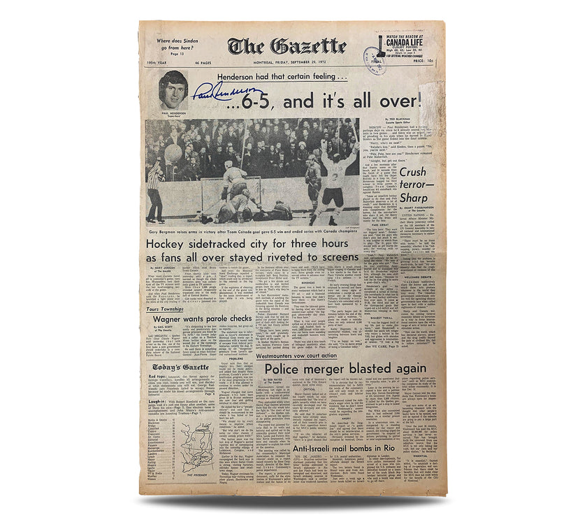 Paul Henderson Signed Original September 29, 1972 The Gazette Newspaper