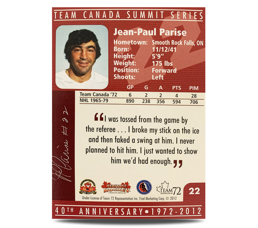 J.P. Parise #22 Signed Official 40th Anniversary Team Canada 1972 Card