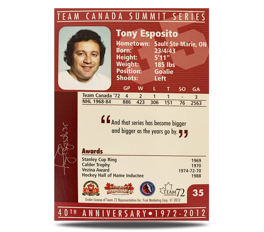 Tony Esposito #35 Signed Official 40th Anniversary Team Canada 1972 Card