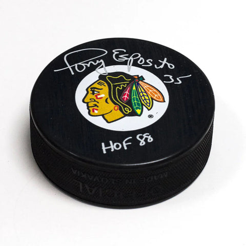 Tony Esposito Signed Chicago Blackhawks Puck with HOF Note