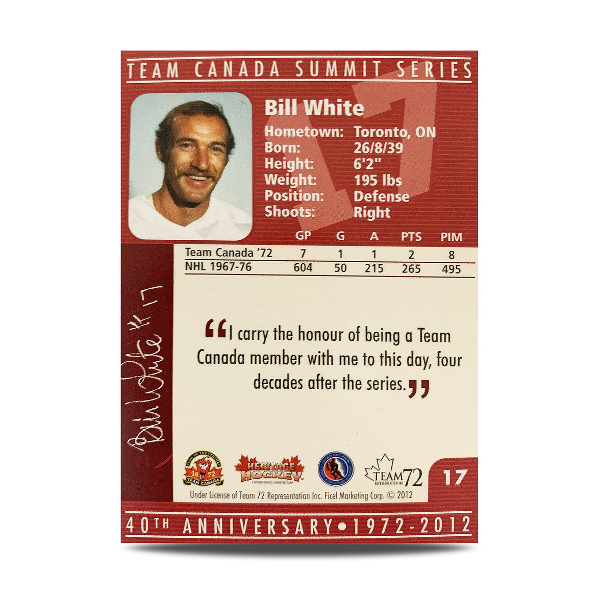 Bill White #17 Carte officielle signée du 40e anniversaire de l'équipe Canada 1972