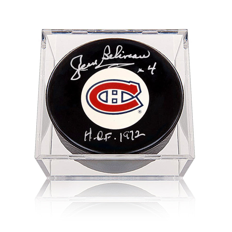 Jean Beliveau Signed Montreal Canadiens Puck with HOF 1972 Note