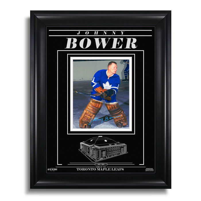 Johnny Bower Toronto Maple Leafs Engraved Framed Signed Photo - Action Colour - Heritage Hockey™