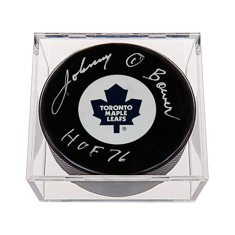Johnny Bower Signed Toronto Maple Leafs Puck with HOF 1976 Note
