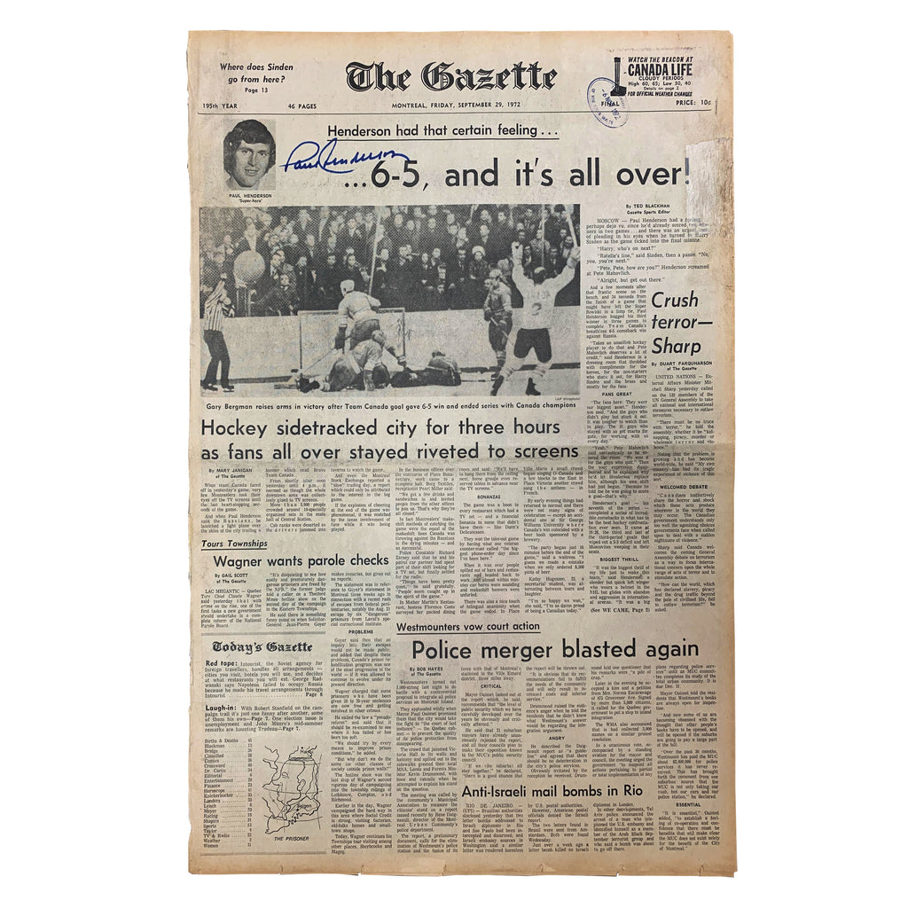 Paul Henderson Signed Original September 29, 1972 The Gazette Newspaper
